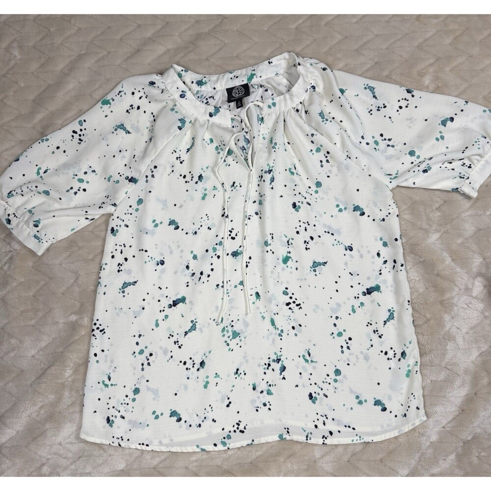 Bob Mackie Blouse Women S White Teal Paint Splatter Tie Neck Art Teacher Top